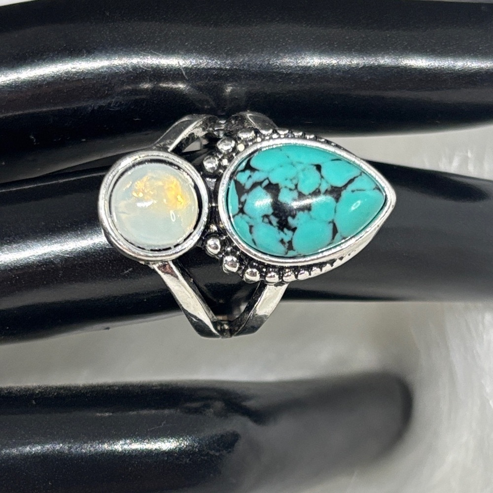 Faux Moonstone and Turquoise Boho Ring Southwestern Desert Market Style